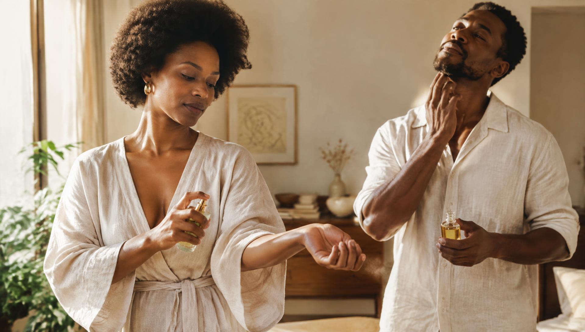 Une femme et un homme appliquent leur parfum DAKYA à la lumière du jour